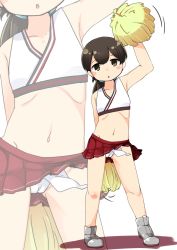 Rule 34 | 1girl, black hair, blue ribbon, brown eyes, cameltoe, cheerleader, cleft of venus, contrapposto, crop top, flat chest, fundoshi, hair ribbon, highres, holding, holding pom poms, japanese clothes, kantai collection, kasuga maru (kancolle), long hair, low ponytail, midriff, nassukun, navel, pleated skirt, pom pom (cheerleading), pom poms, red skirt, ribbon, simple background, skirt, solo, swept bangs, white background, zoom layer