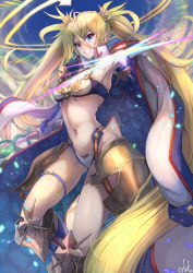 Rule 34 | 1girl, armor, armpits, bare shoulders, bikini, blonde hair, blue bikini, blue eyes, blush, boots, bradamante (fate), bradamante (third ascension) (fate), braid, breasts, cleavage, coat, crown braid, elbow gloves, energy barrier, energy shield, fate/grand order, fate (series), faulds, gloves, grin, hair between eyes, halo, highres, jacket, jacket on shoulders, knee boots, light particles, long hair, looking at viewer, medium breasts, navel, ohako (ohako1818), open clothes, open coat, revision, scepter, smile, solo, swimsuit, thigh strap, thighs, twintails, two-tone bikini, very long hair, white bikini, white coat