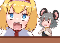 Rule 34 | &gt; &lt;, 2girls, absurdres, alice margatroid, animal ears, blonde hair, blue eyes, blush, capelet, closed eyes, commentary request, cookie (touhou), crystal, frilled hairband, frills, grey hair, hairband, highres, ichigo (cookie), jewelry, long sleeves, mouse ears, mouse girl, multiple girls, nazrin, necktie, nyon (cookie), open mouth, pendant, red hairband, red necktie, shirt, short hair, shouting, simple background, table, touhou, tsugumi amon, upper body, v-shaped eyebrows, white background, white capelet, white shirt
