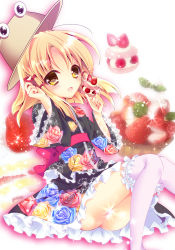 Rule 34 | 1girl, alternate costume, ass, blonde hair, cake, convenient censoring, cupcake, enjoy mix, floral print, food, fruit, hair ribbon, hat, japanese clothes, kimono, long sleeves, no pants, open mouth, over-kneehighs, ribbon, sash, sitting, smile, solo, strawberry, strawberry shortcake, thighhighs, touhou, upskirt, white thighhighs, wide sleeves, yellow eyes