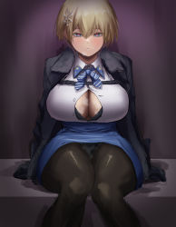 Rule 34 | 1girl, absurdres, arm support, black jacket, black pantyhose, blonde hair, blue eyes, blue skirt, blush, bow, bowtie, breasts, button gap, cleavage, collared shirt, commentary request, dress shirt, dryseaweed, girls&#039; frontline, hair between eyes, heart, heart-shaped pupils, highres, jacket, looking at viewer, miniskirt, mole, mole under eye, open clothes, open jacket, pantyhose, shirt, short hair, sitting, skirt, solo, striped bow, striped bowtie, striped clothes, striped neckwear, symbol-shaped pupils, vsk-94 (girls&#039; frontline), white shirt