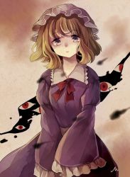 Rule 34 | 1girl, blonde hair, collar, collared dress, commentary, dress, frilled sleeves, frills, gap (touhou), hat, long sleeves, looking at viewer, m (neteitai10), maribel hearn, mob cap, neck ribbon, one-hour drawing challenge, purple dress, purple eyes, red eyes, red ribbon, ribbon, short hair, signature, solo, touhou, white collar, white hat, wide sleeves, yellow eyes