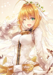 Rule 34 | 1girl, ;d, ahoge, blonde hair, blush, breasts, bridal veil, chain, commentary request, dress, fate/extra, fate/extra ccc, fate (series), flower, gloves, green eyes, hair between eyes, hair intakes, heart, kagachi saku, lock, long sleeves, looking at viewer, medium breasts, nero claudius (bride) (fate), nero claudius (fate), nero claudius (fate) (all), one eye closed, open mouth, padlock, petals, round teeth, see-through, short hair, sidelocks, signature, sleeves past wrists, smile, solo, teeth, upper body, upper teeth only, veil, w, white dress, white flower, white gloves