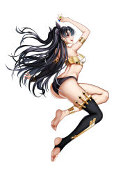 Rule 34 | 1girl, absurdres, anklet, arched back, armlet, ass, asymmetrical legwear, asymmetrical sleeves, back, bandeau, bare shoulders, barefoot, between fingers, black hair, black ribbon, black sleeves, black thighhighs, butt crack, crown, earrings, fate/grand order, fate (series), from behind, full body, gem, gold, gold trim, hair ribbon, highres, holding, hoop earrings, ishtar (fate), jewelry, jumping, legs, long hair, long sleeves, looking at viewer, looking back, nail polish, neck ring, parted bangs, pink nails, red eyes, ribbon, single sleeve, single thighhigh, smile, soles, solo, stirrup legwear, strapless, thighhighs, toeless legwear, toes, two side up, uneven legwear, uneven sleeves, very long hair, white background, xiao gen