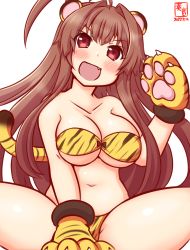 Rule 34 | 1girl, ahoge, animal ears, animal hands, animal print, artist logo, bikini, breasts, brown eyes, brown hair, cleavage, collarbone, commentary request, dated, fang, gloves, huge ahoge, kanon (kurogane knights), kantai collection, kuma (kancolle), large breasts, long hair, looking at viewer, one-hour drawing challenge, open mouth, paw gloves, simple background, sitting, smile, solo, strapless, strapless bikini, swimsuit, tail, tiger ears, tiger print, tiger tail, white background
