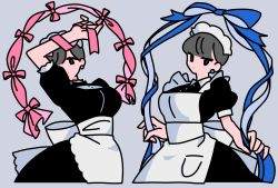 Rule 34 | 2girls, absurdres, apron, arm up, black dress, blue ribbon, grabbing another&#039;s breast, dress, earrings, frilled apron, frills, grabbing, grey background, grey hair, highres, jewelry, maid, maid headdress, multiple girls, original, pink ribbon, puffy short sleeves, puffy sleeves, ribbon, short sleeves, simon (ttgl), simple background, tatamipi, teeth, upper teeth only, white apron
