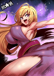 Rule 34 | 1girl, bare shoulders, belt, black background, blonde hair, breasts, covered erect nipples, dress, happy, highres, impossible clothes, jenet behrn, large breasts, long hair, looking to the side, multicolored background, open mouth, pink background, purple dress, purple eyes, sleeveless, smile, solo, teeth, the king of fighters, tongue, tukiwani, upper teeth only