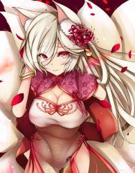 Rule 34 | 1girl, animal ears, breasts, flower, flower knight girl, fox ears, fox tail, hair flower, hair ornament, higanbana (flower knight girl), japanese clothes, large breasts, long hair, looking at viewer, multiple tails, petals, red eyes, smile, solo, suzume (simple0091), tail, white hair, wide sleeves