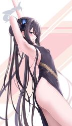 Rule 34 | 1girl, absurdres, armpits, arms up, black dress, black hair, blue archive, blush, butterfly hair ornament, china dress, chinese clothes, daran9, dragon print, dress, from side, grey eyes, hair bun, hair ornament, halo, highres, kisaki (blue archive), legs, long hair, looking at viewer, looking to the side, open mouth, pelvic curtain, print dress, sidelocks, sleeveless, sleeveless dress, solo, very long hair