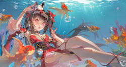 Rule 34 | 1girl, :o, air bubble, bare legs, bare shoulders, bell, black choker, bow, brown hair, bubble, cat&#039;s cradle, choker, detached sleeves, dress, feet out of frame, fish, hair bow, highres, honkai: star rail, honkai (series), knees together feet apart, light rays, liyahan, looking at viewer, neck bell, open mouth, pelvic curtain, pink eyes, red bow, red dress, red sleeves, short dress, short sleeves, sleeveless, sleeveless dress, solo, sparkle (honkai: star rail), string, string of fate, teeth, thighs, twintails, underwater, upper teeth only