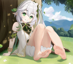 Rule 34 | 1girl, absurdres, arm support, barefoot, feet, full body, genshin impact, grass, green eyes, head tilt, highres, long hair, looking at viewer, nahida (genshin impact), pinkiuzu, side ponytail, sitting, smile, soles, solo, toes, tree, white hair