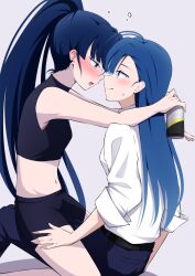 Rule 34 | 2girls, ado (utaite), ahoge, arms on another&#039;s shoulder, belt, black belt, black shirt, black shorts, blue eyes, blue hair, blue pants, blush, breasts, can, closed mouth, cloud nine inc, commentary request, drunk, earclip, eye contact, grey background, highres, holding, holding can, long hair, looking at another, merry (ado), multiple girls, naima (ado), navel, nori (norinori yrl), noses touching, open mouth, pants, ponytail, readymade (ado), shirt, shorts, simple background, sitting, sleeveless, sleeveless shirt, sleeves past elbows, small breasts, stomach, straddling, strong zero, sweatdrop, usseewa, white shirt, yuri