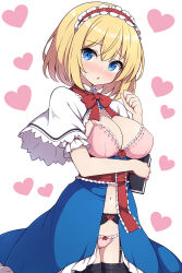 Rule 34 | 1girl, alice margatroid, black thighhighs, blonde hair, blue dress, blue eyes, blush, bra, breasts, capelet, cleavage, cowboy shot, dress, garter straps, hairband, heart, highres, large breasts, lolita hairband, looking at viewer, navel, open mouth, panties, pink bra, pink panties, red hairband, rizento, short hair, solo, thighhighs, touhou, underwear, white background, white capelet