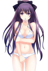 Rule 34 | 10s, 1girl, bikini, bikini in mouth, bra, breasts, cleavage, clothes in mouth, date a live, long hair, looking at viewer, mouth hold, mu gua, navel, o-ring, o-ring top, panties, purple eyes, purple hair, simple background, skindentation, solo, swimsuit, underwear, underwear only, white background, white bikini, white bra, white panties, yatogami tooka