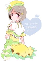 Rule 34 | 1girl, blush, bow, character name, clothing cutout, crescent, crescent hair ornament, dated, diamond (love live!), dress, finger to cheek, frilled sleeves, frills, grey hair, hair ornament, happy birthday, hat, hat bow, heart, index finger raised, izumi kirifu, lace, lace-trimmed dress, lace trim, looking at viewer, looking back, love live!, love live! nijigasaki high school idol club, love live! school idol festival all stars, nakasu kasumi, purple hair, ribbon, short hair, shoulder cutout, smile, solo, star (symbol), star hair ornament, white background, yellow dress, yellow hat, yellow ribbon