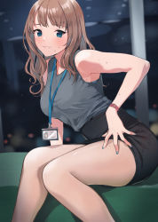 Rule 34 | 1girl, arm support, blue eyes, blue nails, blush, bra, bra peek, breasts, brown hair, closed mouth, collarbone, commentary request, doushimasho, highres, id card, lanyard, long hair, looking at viewer, medium breasts, mole, mole on arm, mole on armpit, mole on thigh, mole under mouth, nail polish, office lady, original, pencil skirt, shirt, sitting, skirt, sleeveless, sleeveless shirt, smile, solo, thighs, underwear, watch, wristwatch