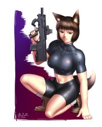 Rule 34 | 1girl, animal ears, bike shorts, bob cut, boots, borrowed character, breasts, brown eyes, brown hair, bullpup, character request, covered erect nipples, crop top, dated, fox ears, fox tail, full body, gun, kneeling, large breasts, midriff, on one knee, original, short hair, skin tight, solo, taikyokuturugi, tail, trigger discipline, tsurime