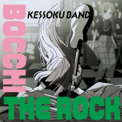Rule 34 | 2girls, ahoge, album cover, album cover redraw, blurry, blurry background, bocchi the rock!, bow, box, cardboard box, copyright name, cover, derivative work, electric guitar, english text, gotoh hitori, goumonsha, guitar, highres, holding, holding instrument, ijichi nijika, instrument, jacket, london calling, long hair, long sleeves, monochrome, multiple girls, parody, side ponytail, skirt, solo focus, suspenders, the clash, track jacket, very long hair