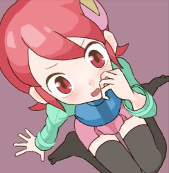 Rule 34 | 1girl, aqua shirt, black thighhighs, blue vest, from above, hair ornament, hand up, long sleeves, looking at viewer, lowres, mayl sakurai (mega man), mega man (series), mega man battle network (series), miniskirt, open mouth, pink skirt, purple background, red eyes, red hair, shirt, short hair, sicky (pit-bull), simple background, skirt, solo, thighhighs, vest, zettai ryouiki