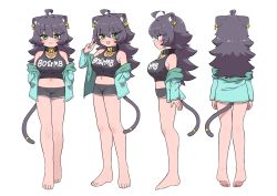 1girl :3 :d absurdres ahoge animal_ear_fluff animal_ears aqua_jacket bare_legs barefoot black_hair breasts cat_ears cat_girl cat_tail clothes_writing collar commentary_request ear_piercing fang full_body green_eyes hair_between_eyes hand_in_pocket hands_in_pockets highres jacket large_breasts long_hair long_sleeves looking_at_viewer mole mole_under_eye multiple_views ngetyan off_shoulder open_mouth original piercing ringe_(ngetyan) short_shorts shorts simple_background smile tail tail_ornament tail_ring v white_background