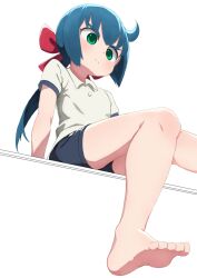 Rule 34 | 1girl, bare legs, barefoot, blue hair, blue shorts, bow, collared shirt, constanze amalie von braunschbank-albrechtsberger, domdom, feet, foot out of frame, frown, green eyes, gym shirt, gym shorts, gym uniform, hair bow, invisible chair, knees together feet apart, legs, little witch academia, ponytail, red bow, shirt, shorts, sitting, soles, solo, toes, white shirt