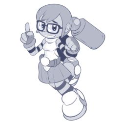 Rule 34 | 1girl, alternate costume, blue theme, breasts, call (mighty no. 9), call a, glasses, gloves, headgear, mighty no. 9, monochrome, pantyhose, robot, short hair, small breasts, solo, stickypad, striped clothes, striped pantyhose, striped sleeves