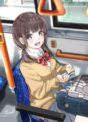 Rule 34 | 1girl, :d, absurdres, bag, blue skirt, blush, bow, bowtie, brown cardigan, brown hair, bus, bus interior, cardigan, commentary request, hand grip, highres, long hair, looking at viewer, low twintails, motor vehicle, open mouth, original, plaid, plaid scarf, purple eyes, red bow, red bowtie, scarf, school bag, school uniform, signature, sitting, skirt, smile, soragane (banisinngurei), teeth, twintails, upper teeth only
