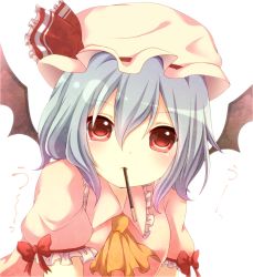 Rule 34 | 1girl, ascot, bad id, bad pixiv id, bat wings, blue hair, female focus, food, hat, mouth hold, pocky, red eyes, remilia scarlet, short hair, solo, touhou, wings, yamasuta