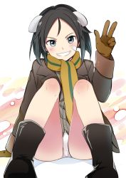 Rule 34 | 1girl, :d, arm support, azumada, bandaid, bandaid on cheek, bandaid on face, bare legs, black eyes, black footwear, black hair, blush, boots, brave witches, brown gloves, brown jacket, commentary request, gloves, grey shirt, grin, hand up, headgear, highres, jacket, kanno naoe, long sleeves, looking at viewer, open mouth, panties, pantyshot, scarf, shirt, short hair, sitting, smile, solo, underwear, w, white panties, world witches series
