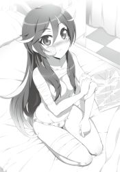 Rule 34 | 1girl, bandaged arm, bandages, bed sheet, blush, character request, checkered floor, collarbone, from above, frown, full body, greyscale, groin, hair between eyes, hand on own thigh, highres, hundred (light novel), indoors, kneeling, legs together, long hair, looking up, monochrome, multicolored hair, novel illustration, official art, ookuma nekosuke, panties, pillow, print panties, sitting, solo, streaked hair, topless, underwear, underwear only, very long hair