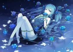 Rule 34 | 1girl, aqua hair, barefoot, blue dress, blue flower, blue hair, blue rose, dress, feet, flower, hatsune miku, long hair, looking at viewer, panties, paranoia (vocaloid), partially submerged, plant, riccae, rose, sleeveless, sleeveless dress, solo, striped clothes, striped panties, thorns, twintails, underwear, very long hair, vines, vocaloid, water, wet, wet clothes