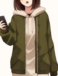 Rule 34 | 1girl, brown background, brown hair, brown nails, cellphone, commentary request, drawstring, facing viewer, green jacket, head out of frame, highres, holding, holding phone, hood, hood down, hoodie, jacket, kapatarou, long sleeves, nail polish, open clothes, open jacket, open mouth, original, phone, sleeves past wrists, solo, upper body, white background, white hoodie