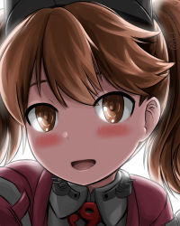 Rule 34 | 1girl, admiral paru, backlighting, brown eyes, brown hair, eyebrows, face, highres, kantai collection, magatama, open mouth, ryuujou (kancolle), signature, smile, solo, twintails, twitter username, visor cap