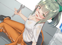 Rule 34 | 1girl, bad id, bad pixiv id, bespectacled, black footwear, blush, bottle, bow, bra, bra slip, breasts, cleavage, commentary request, dutch angle, glasses, green bra, grey hair, hair bow, holding, holding wrench, kantai collection, long hair, looking at viewer, medium breasts, open mouth, orange pants, pallad, pants, ponytail, red-framed eyewear, see-through, semi-rimless eyewear, shirt, short sleeves, sitting, solo, underwear, wet, wet clothes, wet shirt, white shirt, wrench, yellow eyes, yuubari (kancolle)