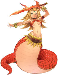 Rule 34 | 1girl, armband, blonde hair, bracelet, circlet, echidna (p&amp;d), green eyes, grin, halterneck, halterneck, highres, jewelry, lamia, lots of jewelry, midriff, monster girl, navel, puzzle &amp; dragons, smile, solo, sword, tama1130, weapon