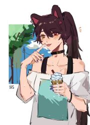 Rule 34 | 1girl, animal ears, black bra, blue nails, blue sky, bra, bracelet, brown hair, chinese commentary, cloud, collar, commentary request, day, dog ears, ear piercing, food, hand up, hetero, highres, holding, holding food, ice cream, ice cream cone, inui toko, jewelry, lingyi, long hair, nijisanji, notice lines, off-shoulder shirt, off shoulder, open mouth, outdoors, piercing, ponytail, purple nails, red eyes, saliva, saliva trail, shirt, short sleeves, sky, solo, sweat, tongue, tongue out, tree, underwear, upper body, virtual youtuber, white shirt, yellow eyes
