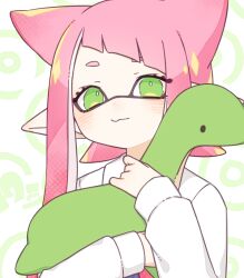 Rule 34 | 1girl, commentary request, diagonal bangs, eyelashes, green eyes, holding, holding stuffed toy, inkling, inkling girl, inkling player character, inuowour, loch ness monster, long hair, nintendo, pink hair, pointy ears, smile, solid oval eyes, solo, splatoon (series), stuffed toy, upper body, white background