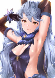 Rule 34 | 1girl, adapted costume, amasora taichi, animal ears, armpits, arms up, bare shoulders, black gloves, black leotard, blue hair, blush, breasts, brown eyes, brown sleeves, closed mouth, commentary request, covered erect nipples, detached sleeves, erune, ferry (granblue fantasy), gloves, granblue fantasy, hair between eyes, hair ornament, highres, leotard, long hair, long sleeves, simple background, small breasts, solo, upper body, very long hair, wavy hair, white background, x hair ornament
