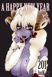 Rule 34 | 10s, 2015, blood, breasts, colored skin, highres, horns, indo curry, new year, original, purple skin, sheep, white hair, yellow eyes, zombie