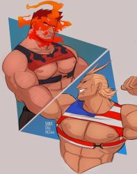 Rule 34 | 2boys, all might, american flag, american flag print, antenna hair, bara, blonde hair, blue eyes, body hair, boku no hero academia, chest harness, cropped torso, endeavor (boku no hero academia), facial hair, fire, flag print, flexing, full body, hair slicked back, hairy, harness, highres, large pectorals, male focus, multiple boys, muscular, nipples, pectorals, red hair, revealing clothes, short hair, simple background, spiked hair, stormcallart