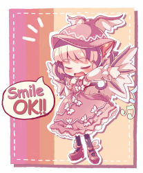Rule 34 | 1girl, :d, = =, animal ears, black pantyhose, blush, chibi, dress, english text, closed eyes, female focus, hat, highres, musical note, mystia lorelei, open mouth, outline, pantyhose, pink hair, short hair, smile, solo, speech bubble, takahero, touhou, wings
