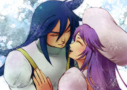Rule 34 | 1boy, 1girl, atwight eks, blue hair, dymlos timber, closed eyes, hat, long hair, open mouth, purple hair, tales of (series), tales of destiny, tales of destiny 2