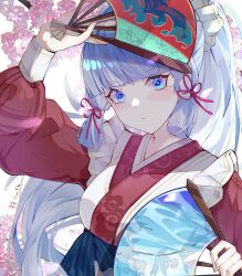 Rule 34 | 1girl, absurdres, ayaka (genshin impact), blue eyes, blue nails, blunt bangs, cherry blossoms, folding fan, genshin impact, hair ornament, hand fan, headdress, highres, holding, holding fan, japanese clothes, light blush, long hair, looking at viewer, luobotou cuncun zhang, nail polish, pink ribbon, ribbon, signature, solo, white background, white hair