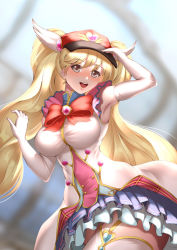 Rule 34 | 1girl, bandaid, bandaid on face, bare shoulders, blonde hair, blush, boots, breasts, cygames, elbow gloves, gloves, granblue fantasy, haryudanto, hat, knee boots, large breasts, long hair, magical girl, military hat, monika weisswind, off shoulder, pleated skirt, princess connect!, purple thighhighs, shingeki no bahamut, skirt, thighhighs, twintails, wavy hair, white gloves, white thighhighs