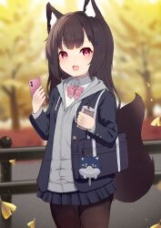 Rule 34 | 1girl, :d, absurdres, animal ears, autumn, autumn leaves, black skirt, bow, bowtie, brown hair, cellphone, collared shirt, cup, fox ears, highres, hinata (user rjkt4745), holding, holding cup, holding phone, hood, hoodie, leaf, long hair, looking at viewer, open mouth, original, outdoors, phone, pink bow, pink bowtie, pink eyes, pleated skirt, school uniform, shirt, skirt, smile, solo, tail, white shirt