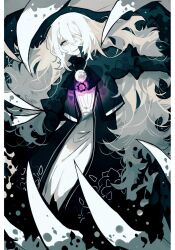 Rule 34 | 1girl, aislan, ascot, catherine (project moon), claws, dress, every catherine (project moon), flower, hair over one eye, highres, jewelry, limbus company, monochrome, necklace, project moon, purple flower, solo, spot color, teardrop, tears, white hair
