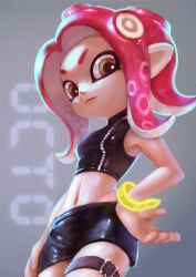 Rule 34 | 1girl, agent 8 (splatoon), armpits, black shirt, black skirt, bracelet, breasts, brown eyes, hand on own hip, highres, jewelry, lew1225, long hair, looking at viewer, midriff, miniskirt, navel, nintendo, octoling, octoling girl, octoling player character, pointy ears, red hair, shirt, skirt, sleeveless, sleeveless shirt, small breasts, solo, splatoon (series), splatoon 2, splatoon 2: octo expansion, stomach, suction cups, tentacle hair, thigh strap, thighs