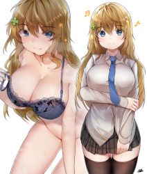Rule 34 | 1girl, ahoge, arm at side, arm under breasts, bare shoulders, beamed eighth notes, black skirt, blue bra, blue eyes, blue neckwear, blush, bottomless, bra, breast hold, breasts, brown hair, brown thighhighs, buttons, cleavage, closed mouth, collarbone, collared shirt, commentary, convenient censoring, cowboy shot, dress shirt, eyelashes, grey shirt, grey skirt, hair between eyes, hair ornament, hairclip, highres, hiromaster sinta jh, lace, lace-trimmed bra, lace trim, large breasts, leaning forward, legs together, long hair, long sleeves, looking at viewer, miniskirt, multiple views, musical note, necktie, original, pleated skirt, school uniform, shiny skin, shirt, sidelocks, signature, skirt, smile, spaghetti strap, standing, steam, steaming body, strap slip, sweat, symbol-only commentary, thighhighs, underwear, wing collar, zettai ryouiki