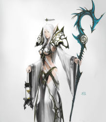Rule 34 | 1girl, armor, blood elf (warcraft), breasts, cowboy shot, cross, detached sleeves, dress, elf, green eyes, highres, hourglass, long hair, medium breasts, navel, pauldrons, pointy ears, shoulder armor, simple background, solo, staff, warcraft, white background, white dress, white hair, world of warcraft