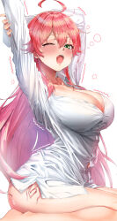 Rule 34 | 1girl, absurdres, ahoge, alternate breast size, arms behind head, arms up, bare legs, blush, breasts, button gap, cleavage, collarbone, fang, green eyes, hair between eyes, highres, hololive, large breasts, long hair, long sleeves, looking at viewer, naked shirt, one eye closed, open mouth, partially unbuttoned, pink hair, raag jp, sakura miko, seiza, shirt, simple background, sitting, skin fang, solo, stretching, trembling, virtual youtuber, white shirt, yawning